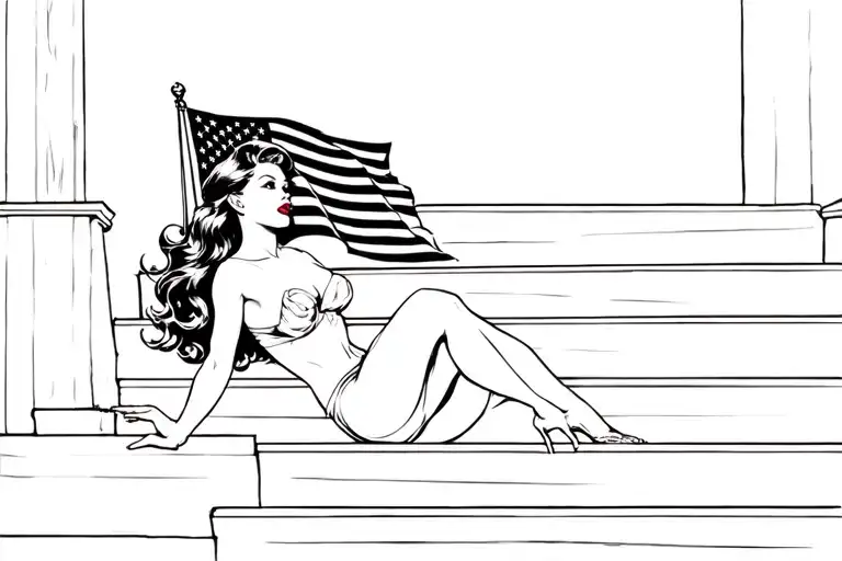 Pinup Girl With American Flag Laying Over Steps