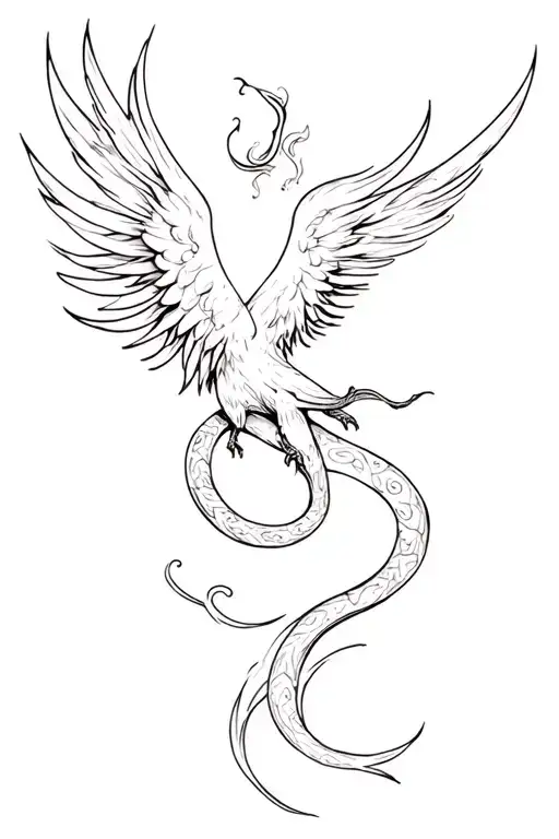 Phoenix Smoking And Snaking Acorss Upper Thigh Tattoo With A Longer Firey Tail In Black And White