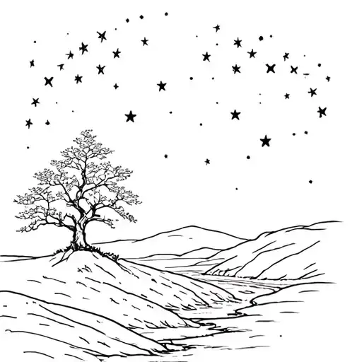 Rowan Tree On A Hill With Stars In The Background And A River In Front