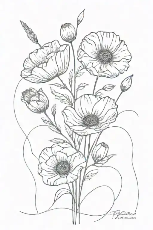 Two Daises And One Poppy Fine Line Bouquet Wrapped