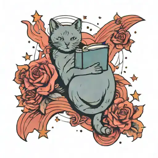 Cat With Book And Starry Sky Surrounded By Stars Forming