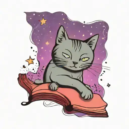 Cat With Book And Starry Sky Surrounded By Stars Forming