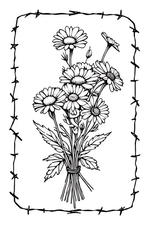 Bouquet Of Daisies And Carnations With Barbed Wire Wrapped