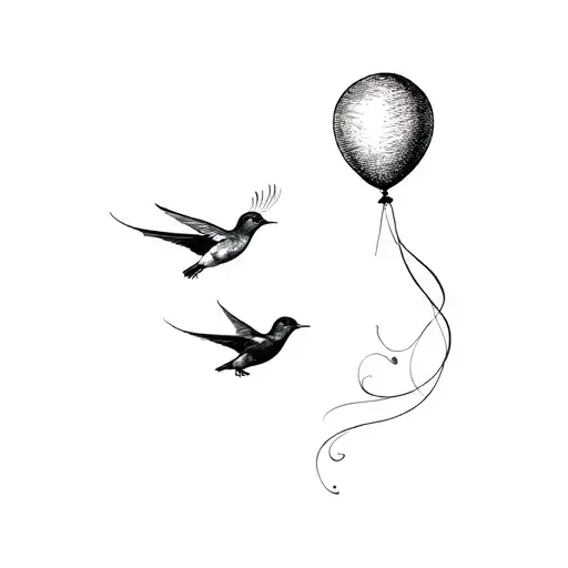 Two Swallows Flying With A Balloon Fine Line