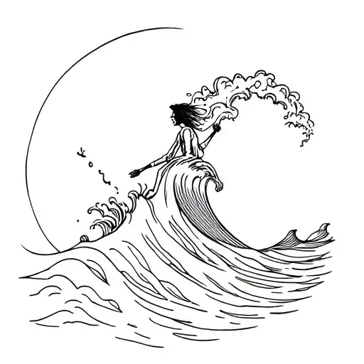 A Tiny Figure Riding A Wave Incorporating Psychedlic Elements