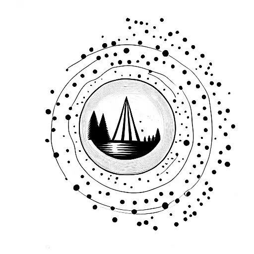 A Black And White Drawing Of A Sunrise Over A Meadow