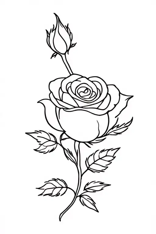 Small Rose With Stem And Three Leaves Growing