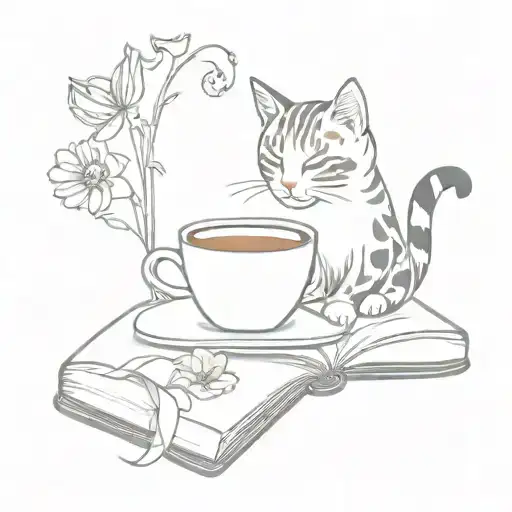 Cat On An Open Book With A Coffee Cup And Colorful Flowers