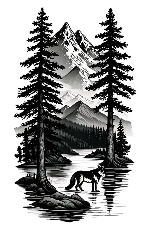 Mountain Range With Tall Tree And River Wolf Standing