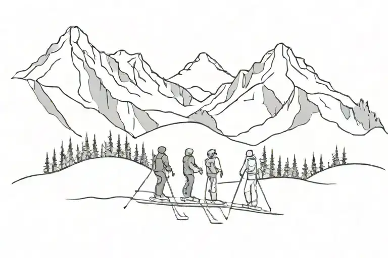 Ski Mountain In The Back With 4 Women Standing Next To Eachother