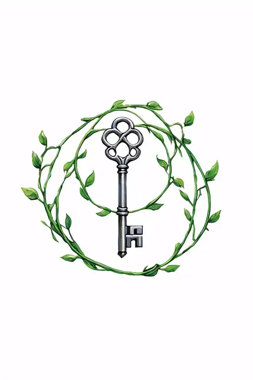 A Silver Key With A Green Vine Circle Around It