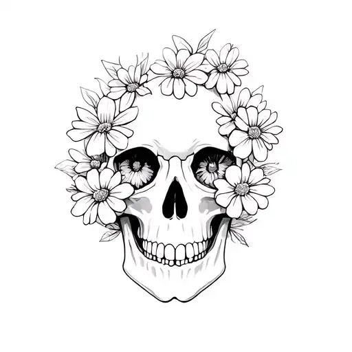 Skull With Flowers Growing Out Of It's Eyes Lines No Shading Or Colors