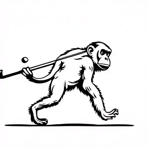 2D Monkey Stencil Walking To The Right Holding A Golf Club Over Its Shoulder