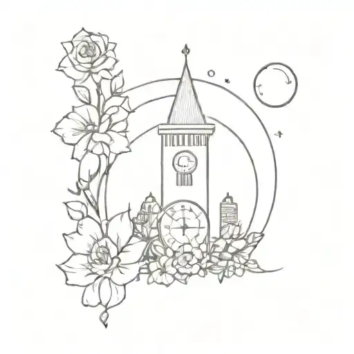 Clock Made Of Flowers In Front Of A Tower With The Moon In The Sky