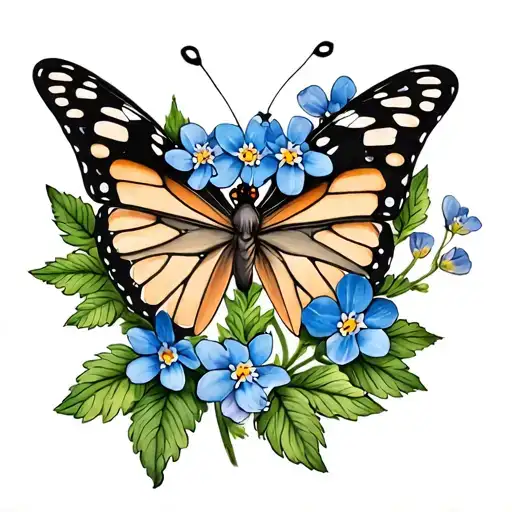 Butterfly And Forget-me-not Flowers