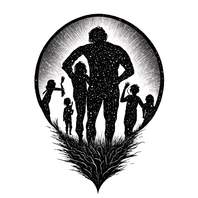 Full Circle With A Silhouette Of A Man And Three Children