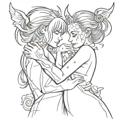 A Drawing Of A Girl Comforting A Demon