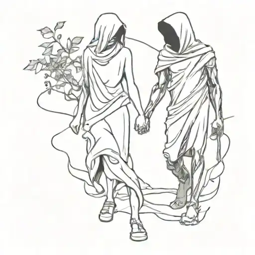 A Drawing Of A Girl And Reaper Walking Holding Hands