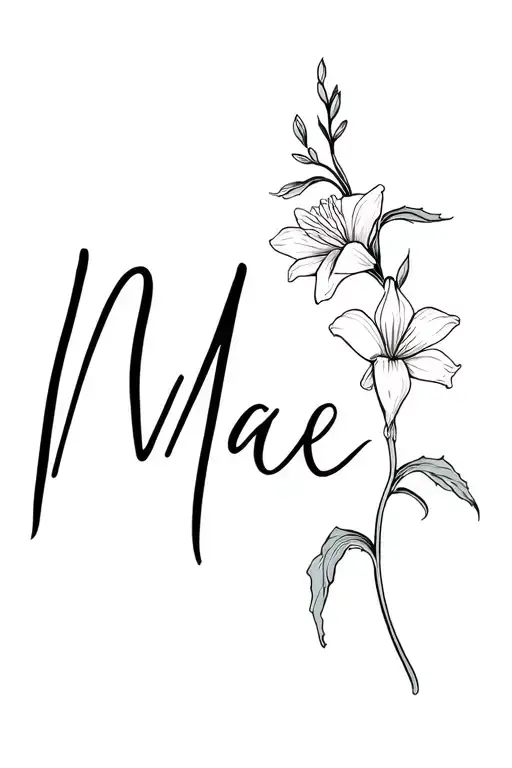 Mae In Cursive Font With A Vine Connected With A Gladiolus Flower Connected