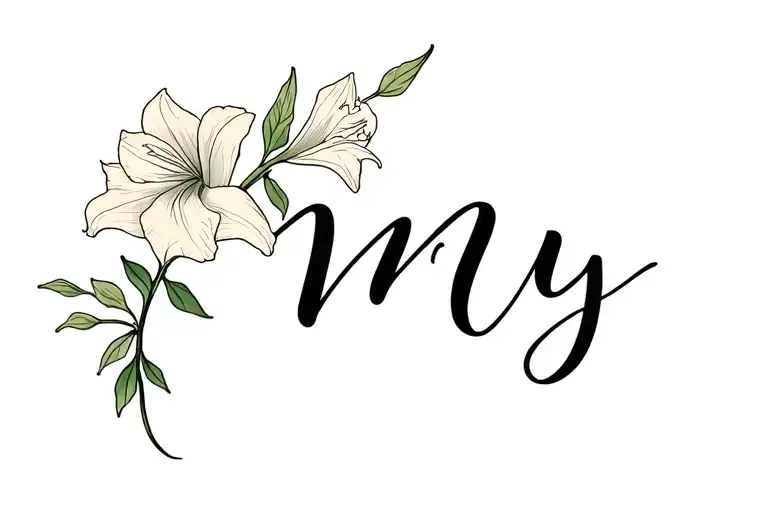 May In Cursive Font With A Vine Connected With A Gladiolus Flower Connected
