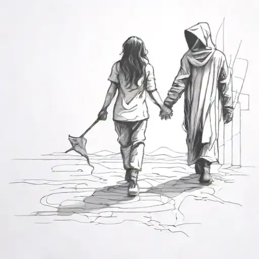 A Girl Weqring Converse Shoes And A Shadowy Reaper Walking Holding Hands Holding Each Other