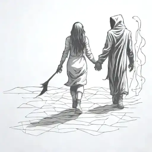 A Girl Wearing Converse Shoes And A Shadowy Reaper Demon Walking Holding Hands Holding Each Other