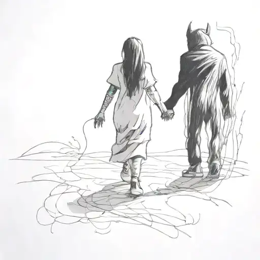 A Girl Wearing Converse Shoes And A Large Shadowy Demon Walking Holding Hands Holding Each Other