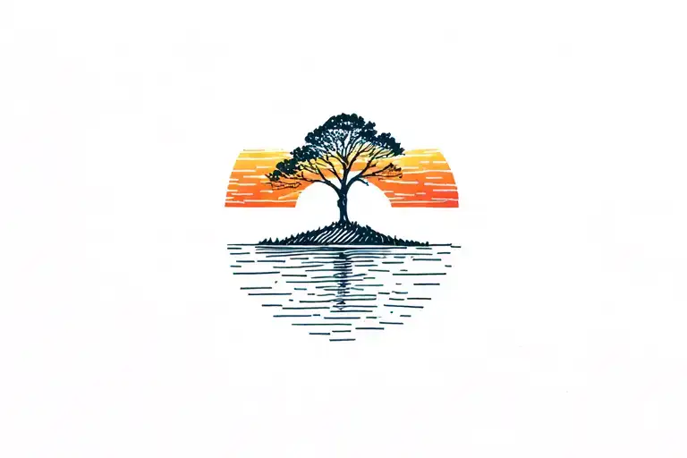 Tree And River And Sunset