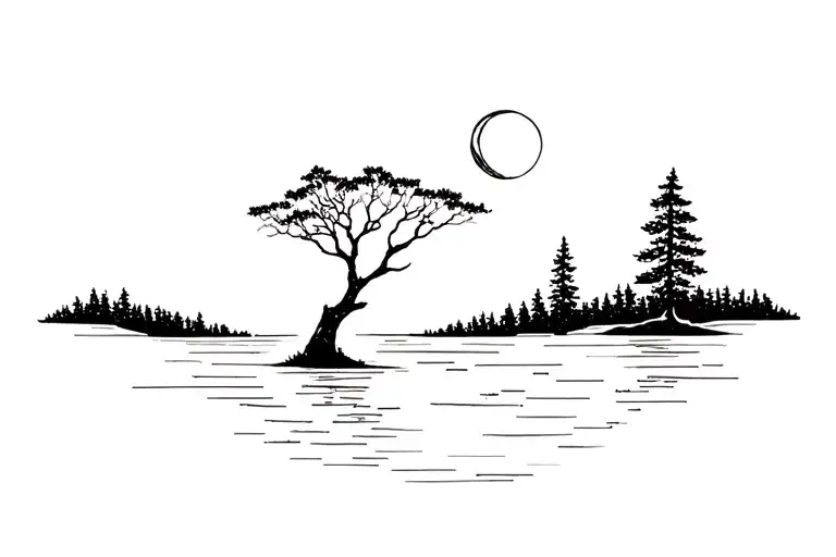 Tree And Lake And Moon