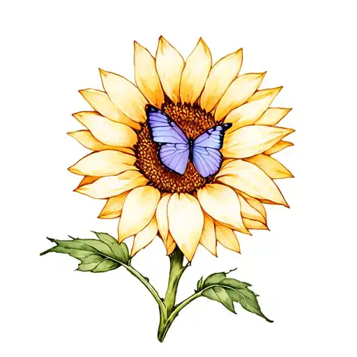 Stem Of A Sunflower With A Watercolor Blue Violet Butterfly On The Top