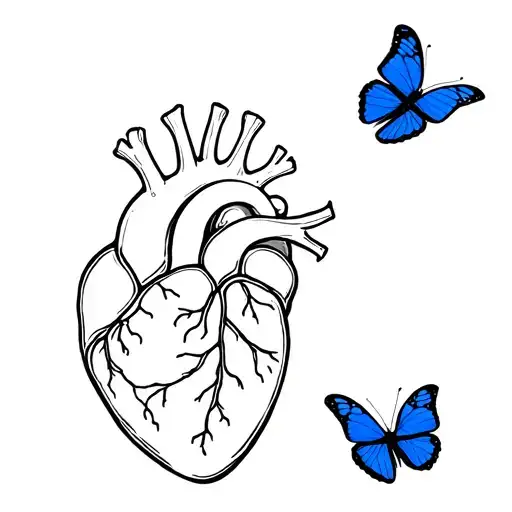 Anatomical Heart 3 - 4Cm Fine Line And Blue Butterfly Flying Next To The Anatomical Heart