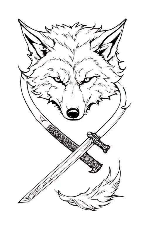 A Wolf Around A Katana Through The Sides Of Top To Bottom