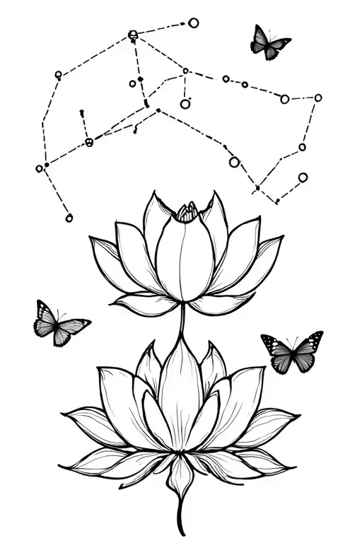 Lotus Flower With Taurus Constellation And Butterflies