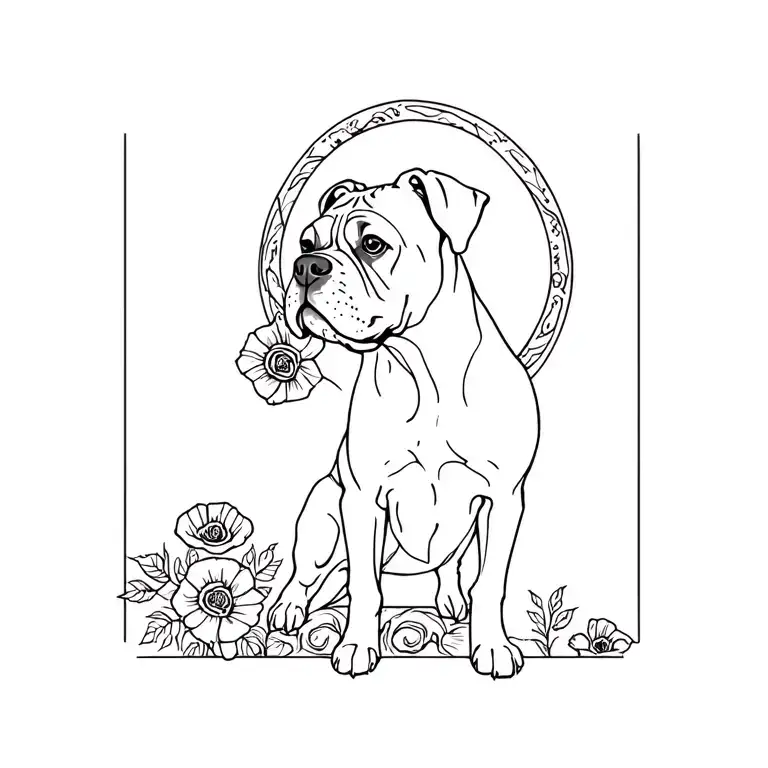 Boxer Dog Silhouette With Rose And Poppy Halo