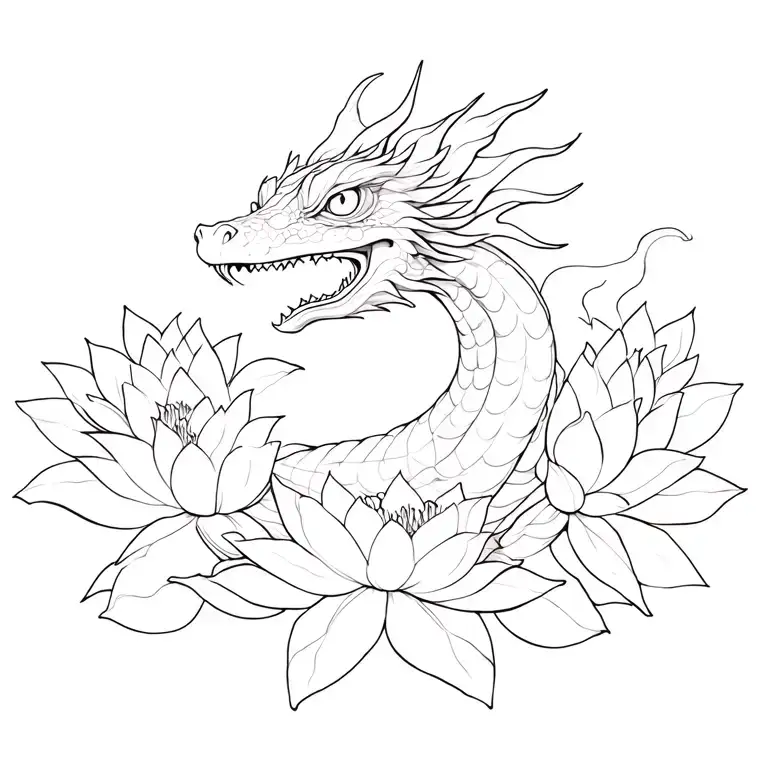 Japanese Water Dragon With Eyes Gently Opening Surrounded By Lotus Blossoms