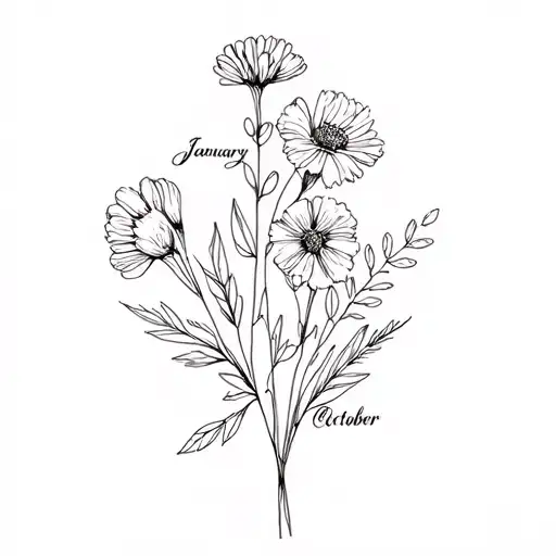A Fine Line Minimalist Birth Flower Bouquet With The Months January August And October