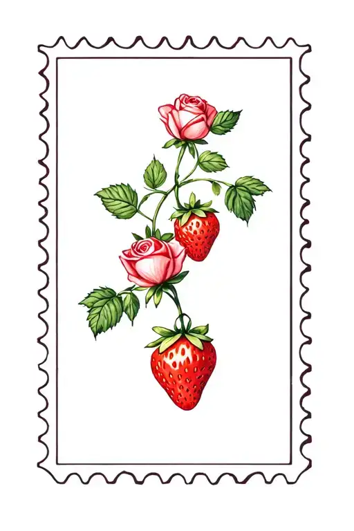 Postage Stamp With Strawberries And Roses