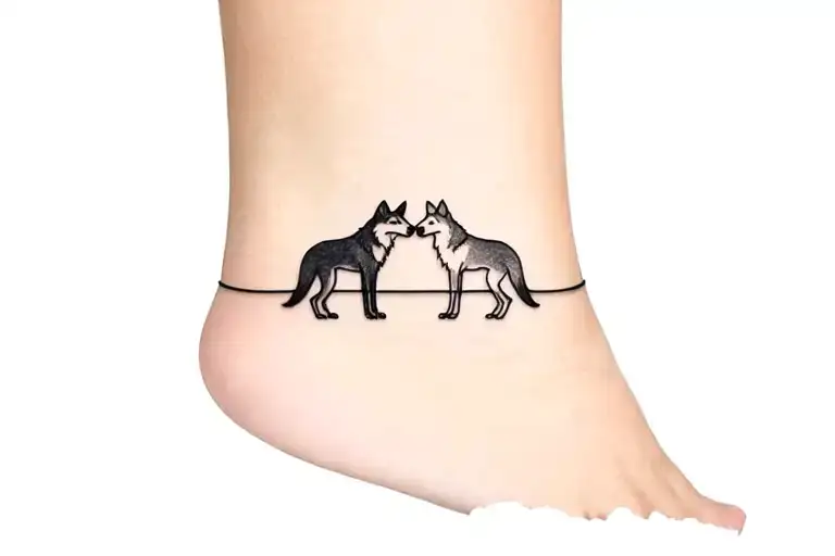 Two Wolves Fine Line Around Ankle Bracelet