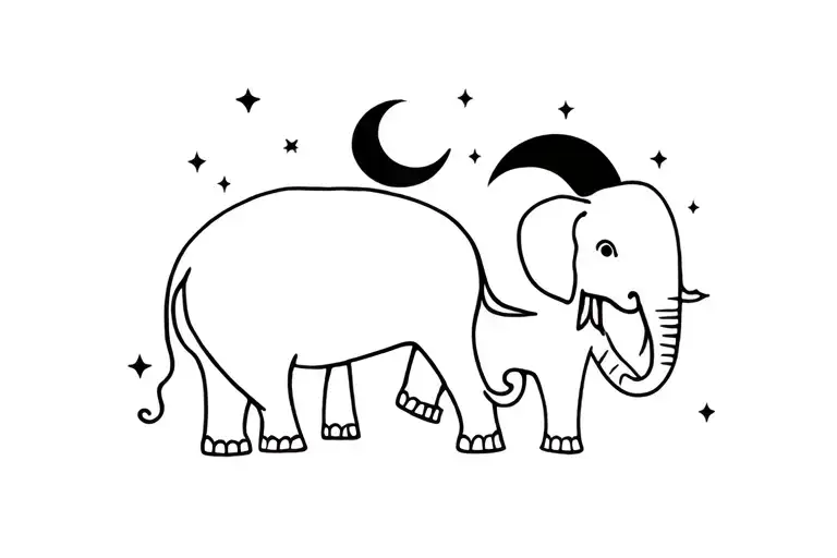 Fine Line Elephants With Night Sky And Moon