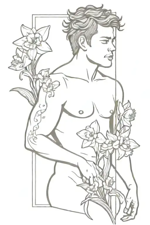 Man Body Head Daffodils And Holding A Mirror