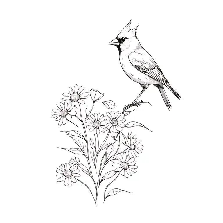 Cardinal Bird With Daisy And Sweet Pea Flowers