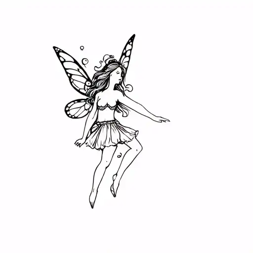 Small Fine Line Tattoo Of A Fairy Flying With Clothes On
