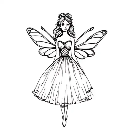 Small Fine Line Tattoo Of A Fairy With A Dress On