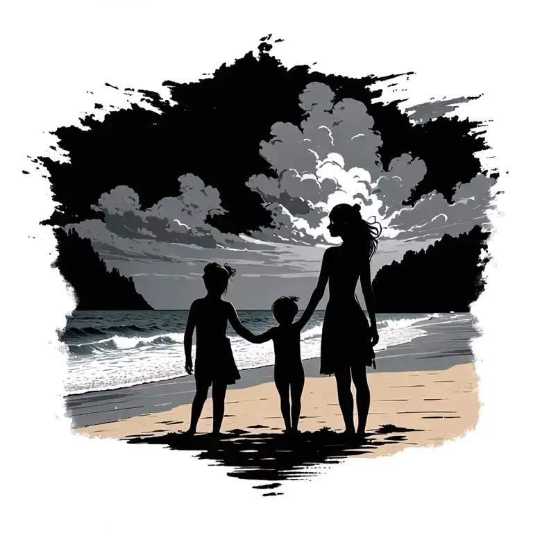 A Woman And Her Child Standing Far Away On Beach