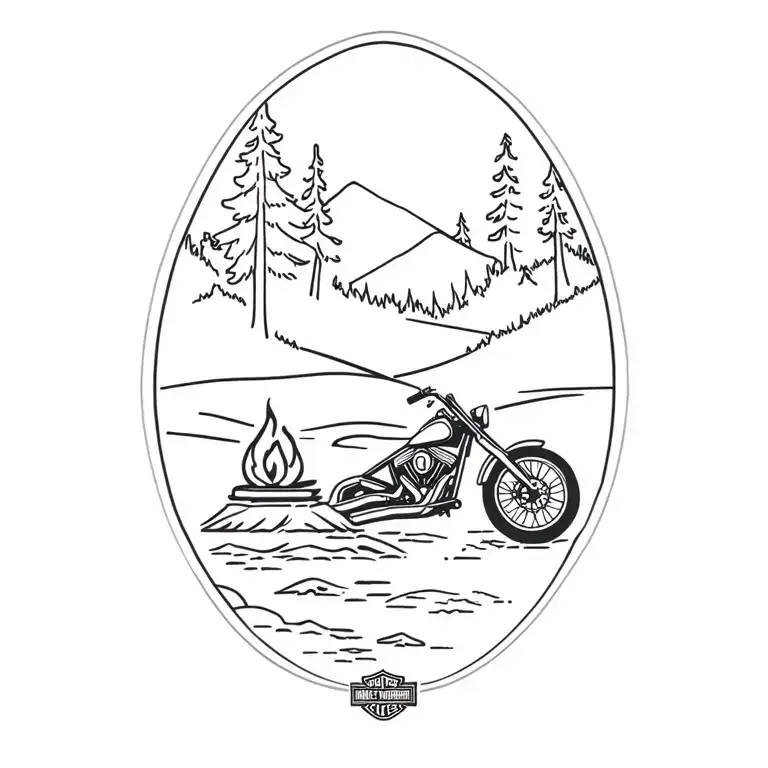 Harley Davidson Next To A Camp Fire By A Creek In A Forest