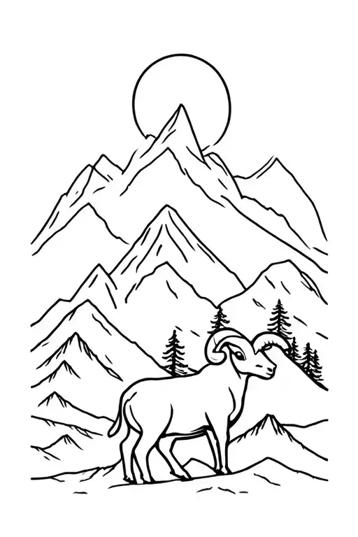 A Horned Ram On Mountain With Forest Landscape