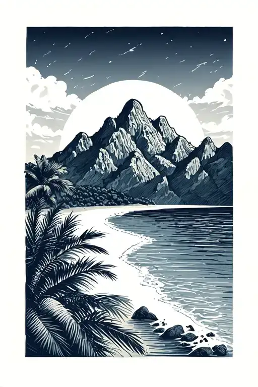 Mountains And Beaches With Palm Trees Mixed