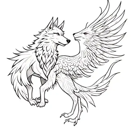 A Phoenix And A Wolf Along With Its Young