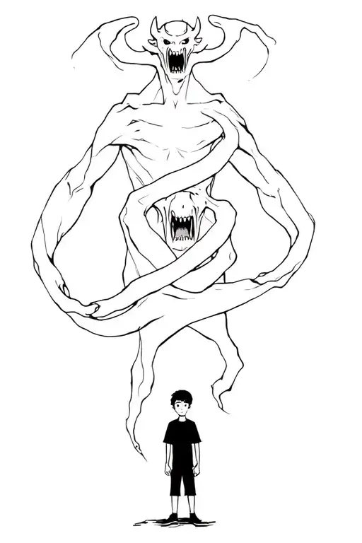 A Boy Standing With A Scary Demon Towering Behind And Wrapped Around Him