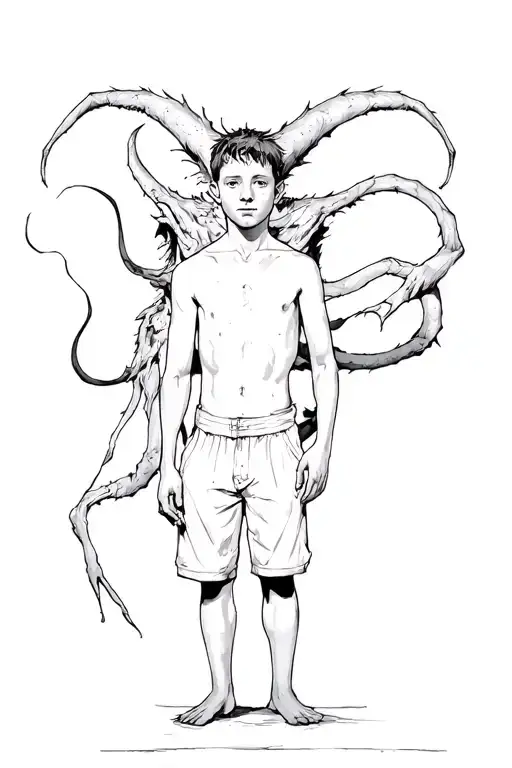 A Boy Standing With A Scary Demon Towering Behind And Wrapped Around Him